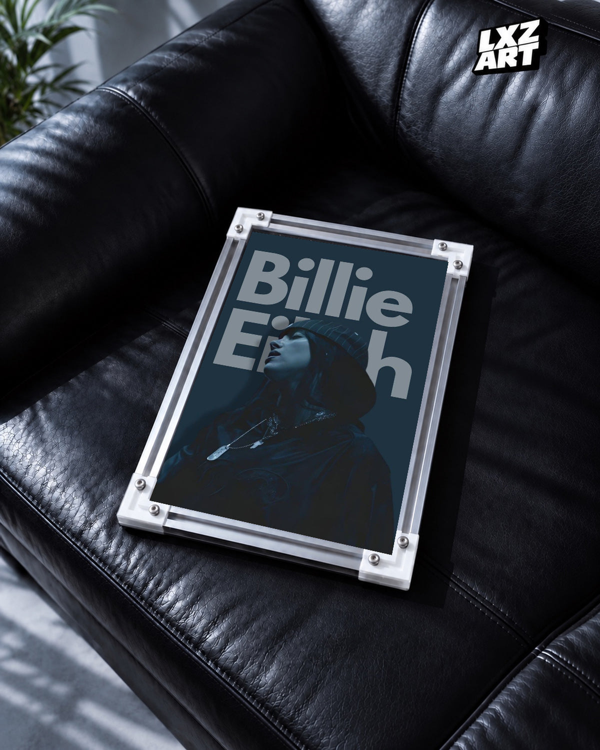 Billie Eilish Blue Portrait Poster — black leather sofa; frame for display only