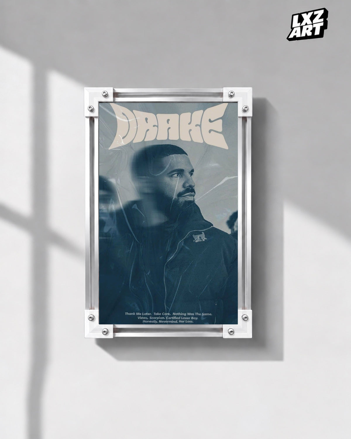 Drake Retro Typography Portrait Poster — gray wall front view; frame for display only