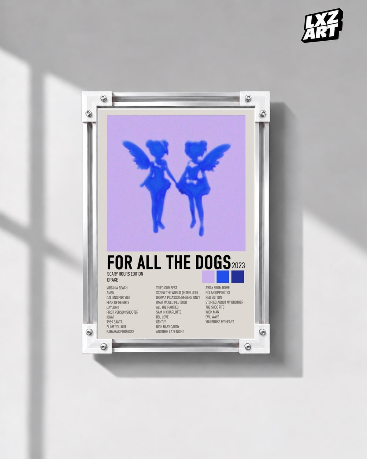 Drake For All the Dogs Scary Hours Edition Album Tracklist Poster — gray wall front view; frame for display only