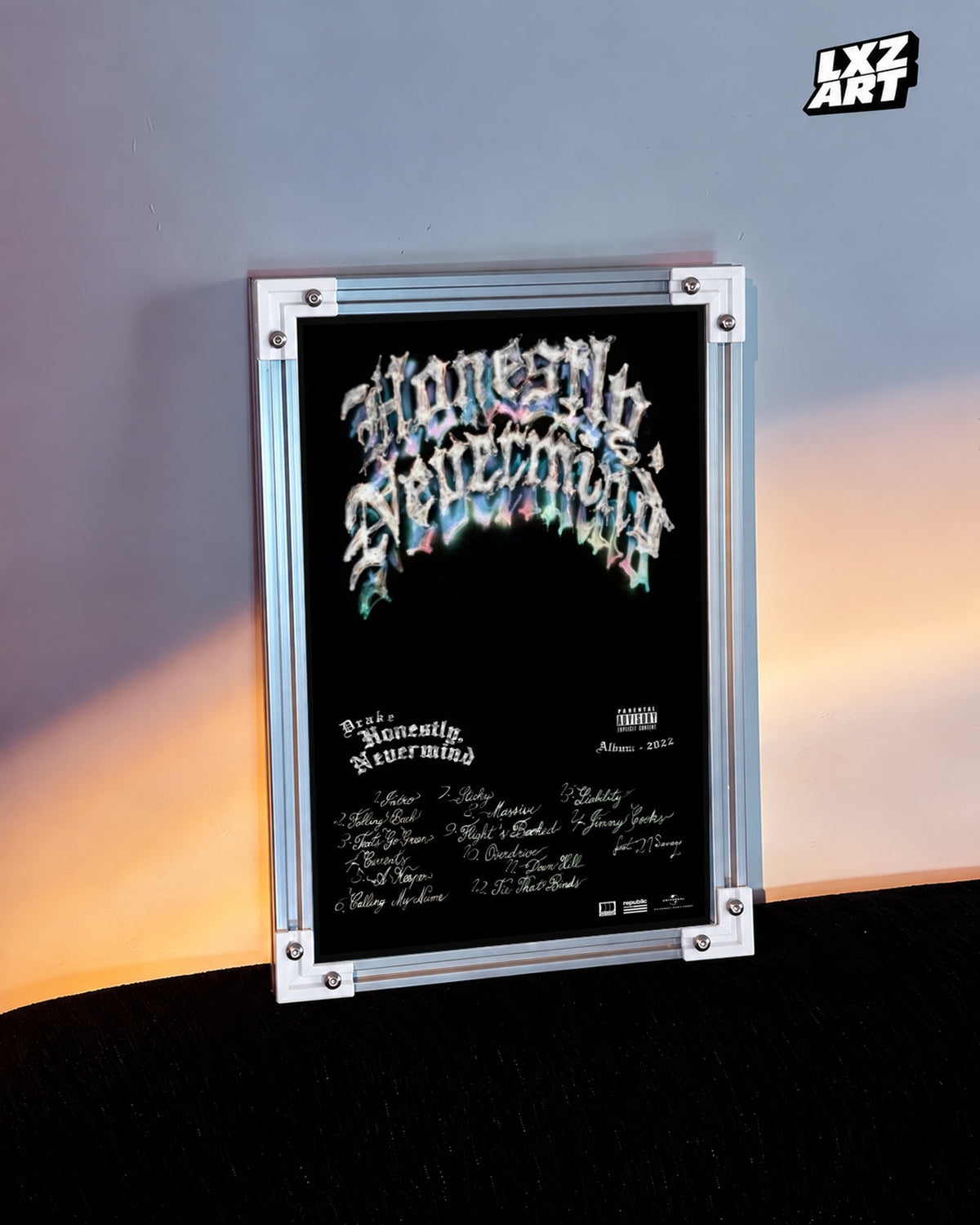 Drake Honestly Nevermind Album Tracklist Poster — warm light wall; frame for display only