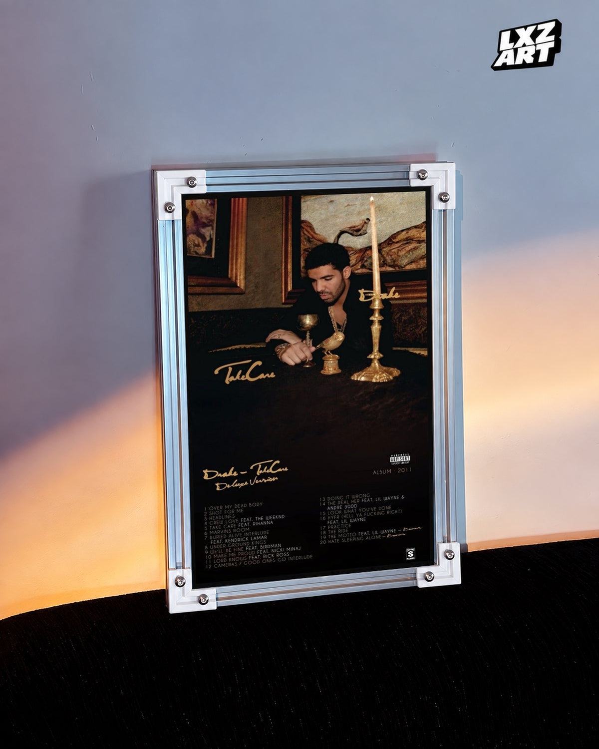 Drake Take Care Deluxe Version Album Poster — warm light wall; frame for display only