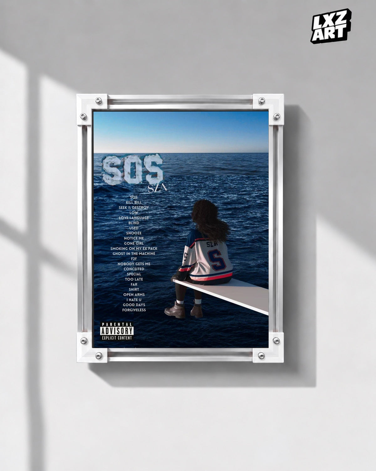 SZA SOS Tracklist Poster — gray wall front view; frame for display only