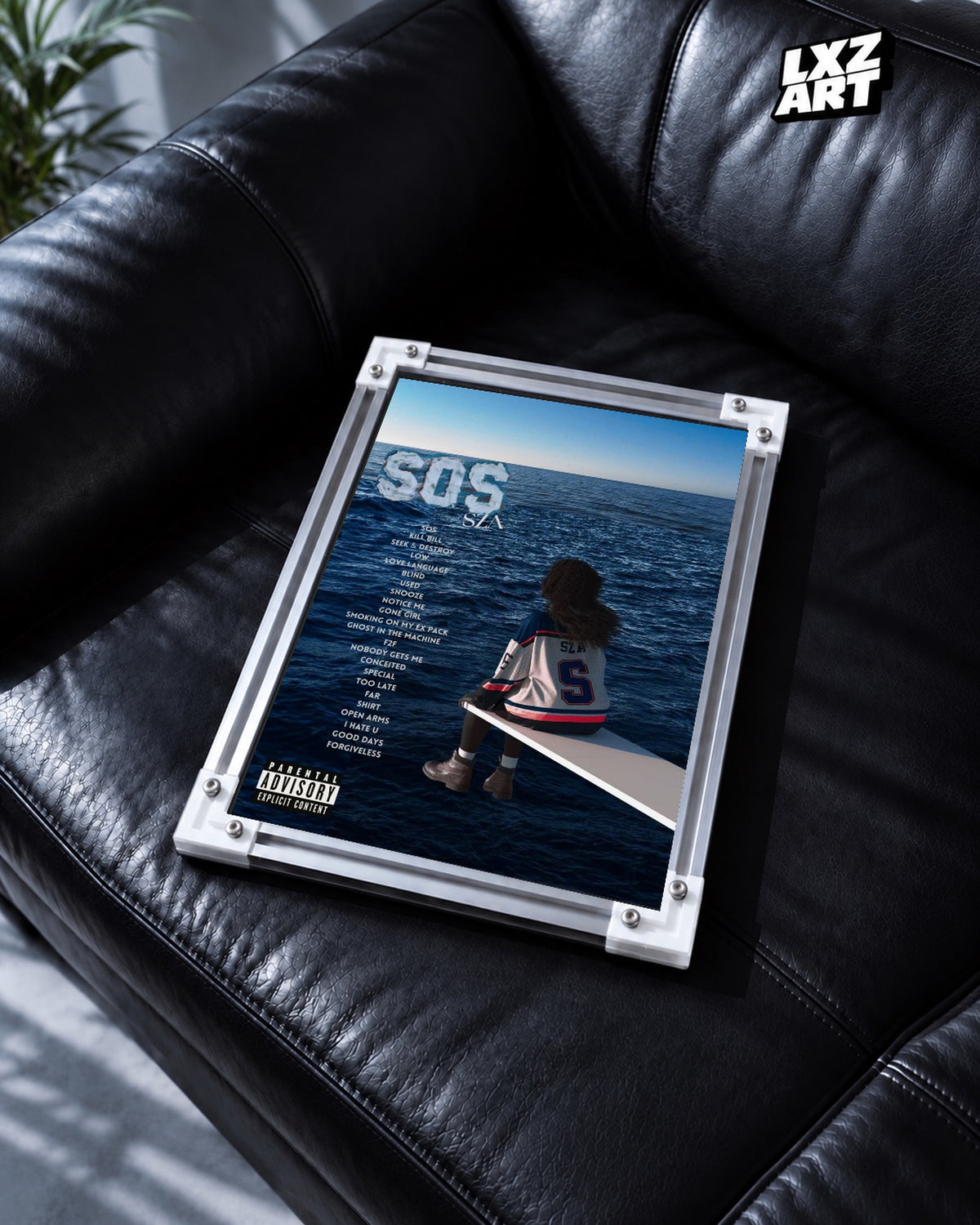 SZA SOS Tracklist Poster — black leather sofa; frame for display only