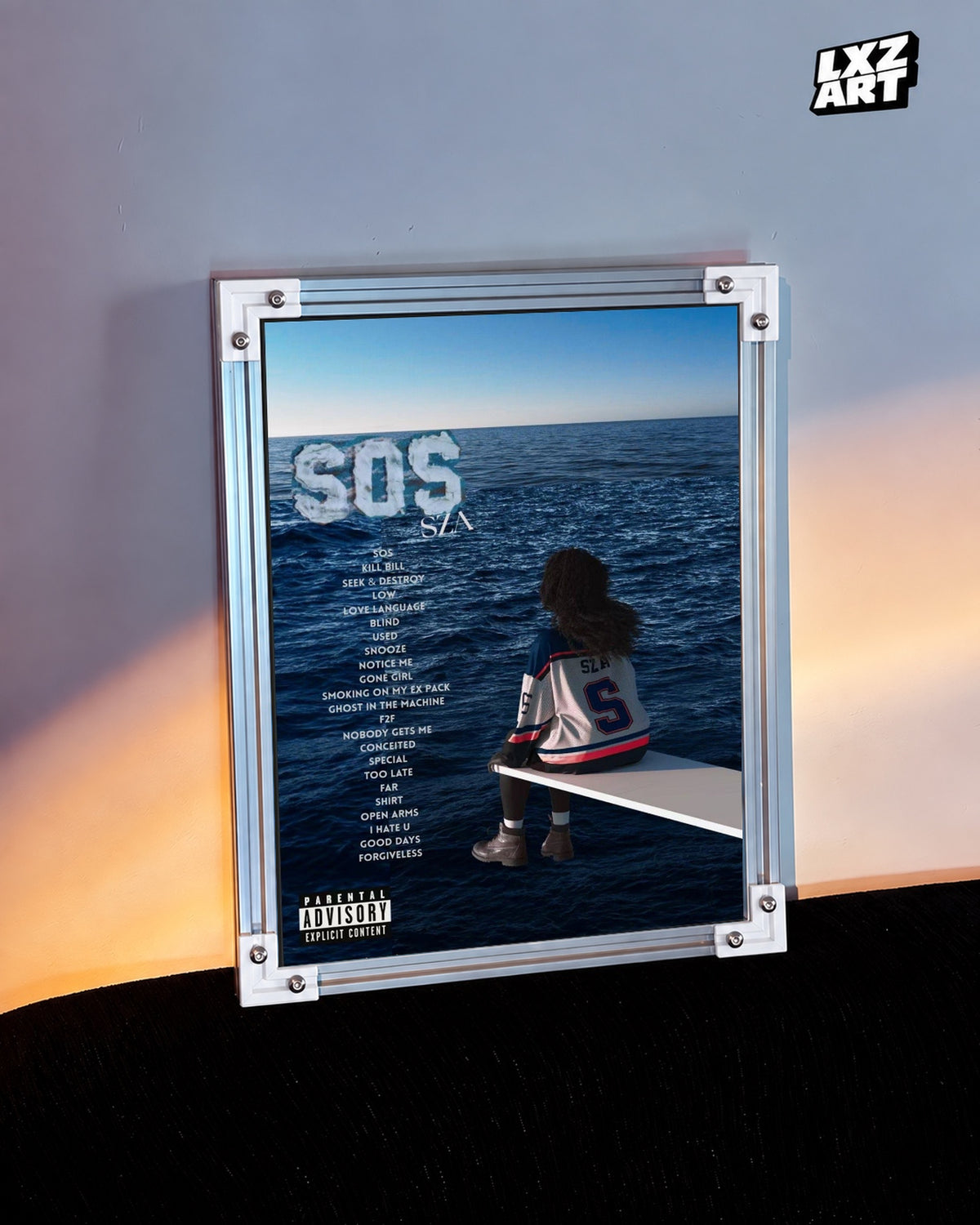 SZA SOS Tracklist Poster — warm light wall; frame for display only
