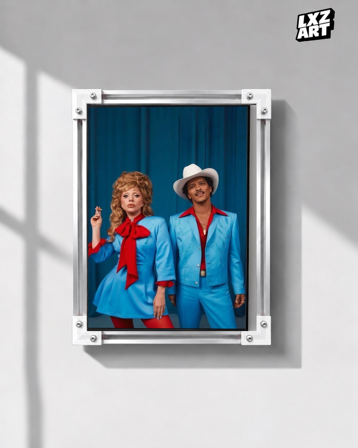 Lady Gaga & Bruno Mars Die With A Smile Wall Art Print — gray wall front view; frame for display only