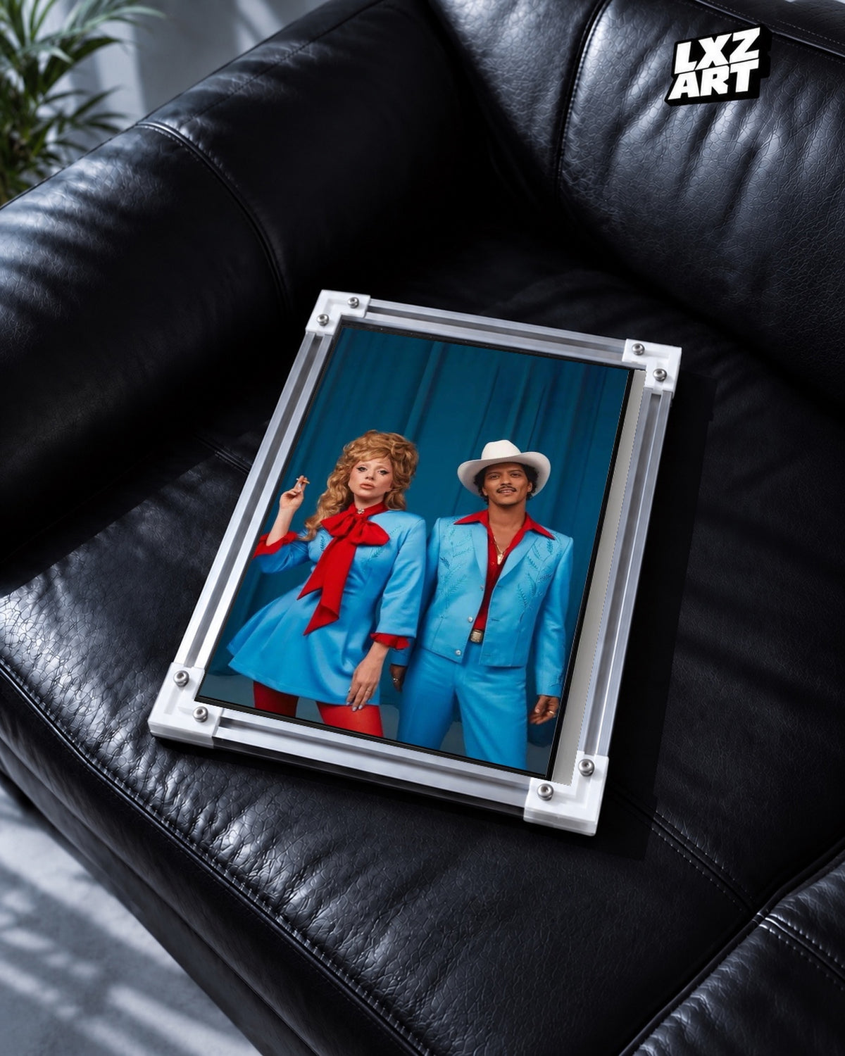 Lady Gaga & Bruno Mars Die With A Smile Wall Art Print — black leather sofa; frame for display only