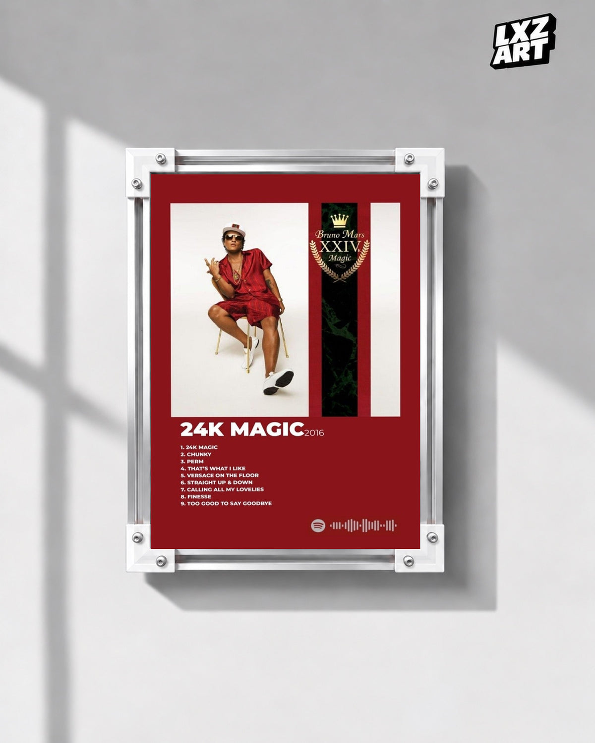 Bruno Mars 24K Magic Tracklist Wall Art Print — gray wall front view; frame for display only