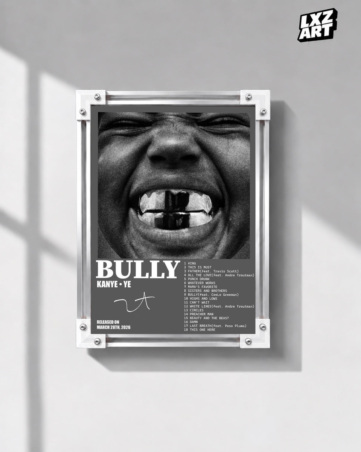 Kanye West BULLY Album Tracklist Poster — gray wall front view; frame for display only