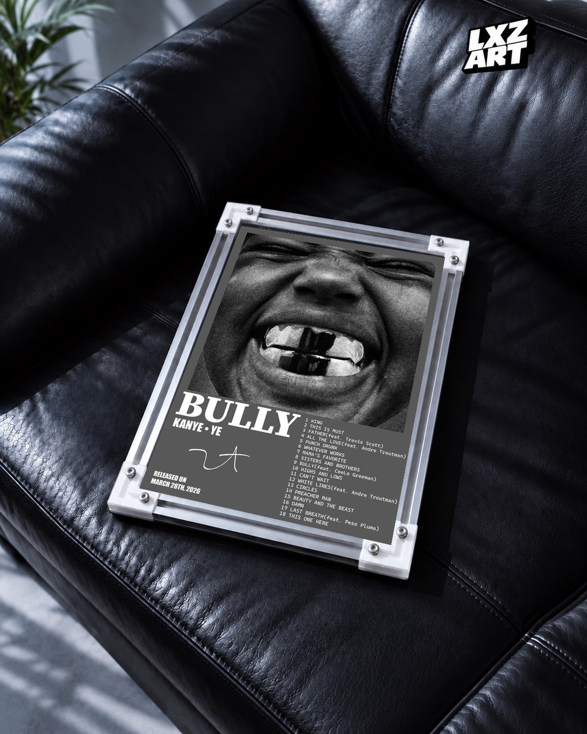 Kanye West BULLY Album Tracklist Poster — black leather sofa; frame for display only