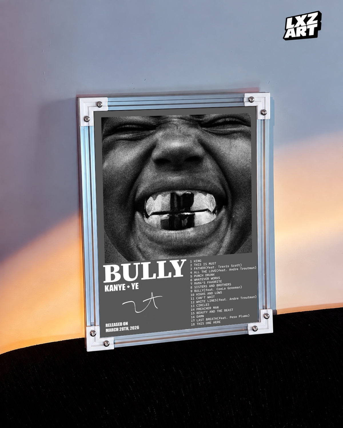 Kanye West BULLY Album Tracklist Poster — warm light wall; frame for display only