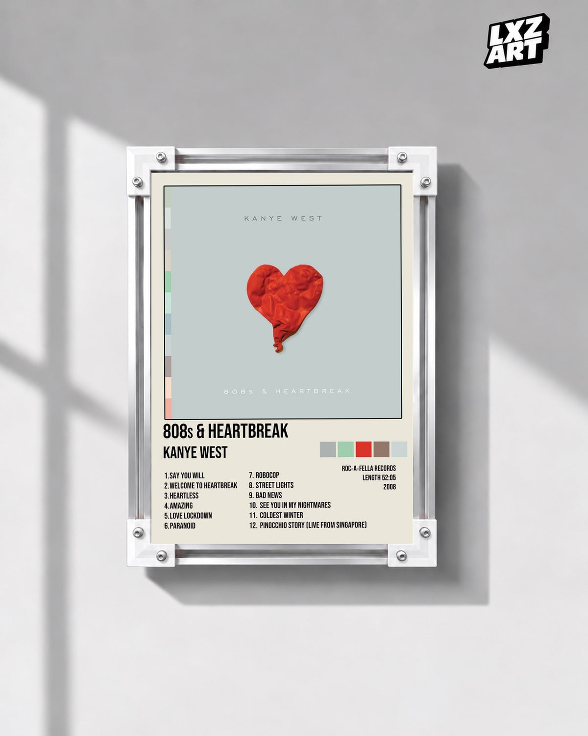 Kanye West 808s & Heartbreak Album Tracklist Poster — gray wall front view; frame for display only