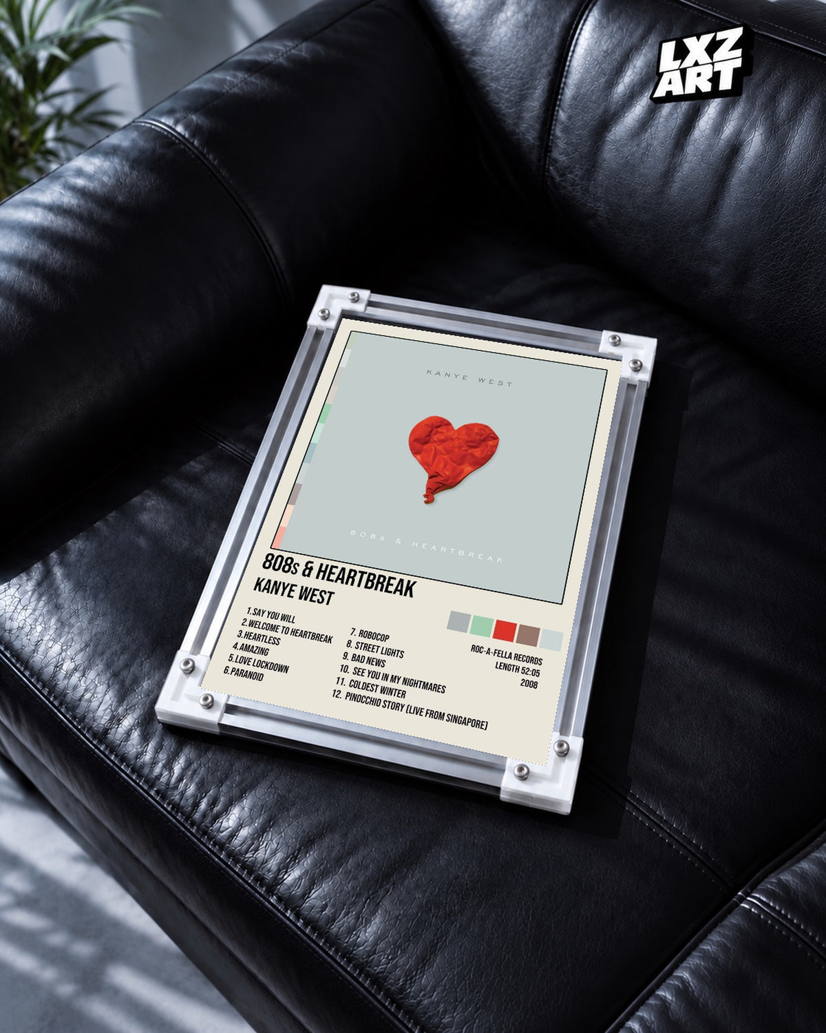 Kanye West 808s & Heartbreak Album Tracklist Poster — black leather sofa; frame for display only