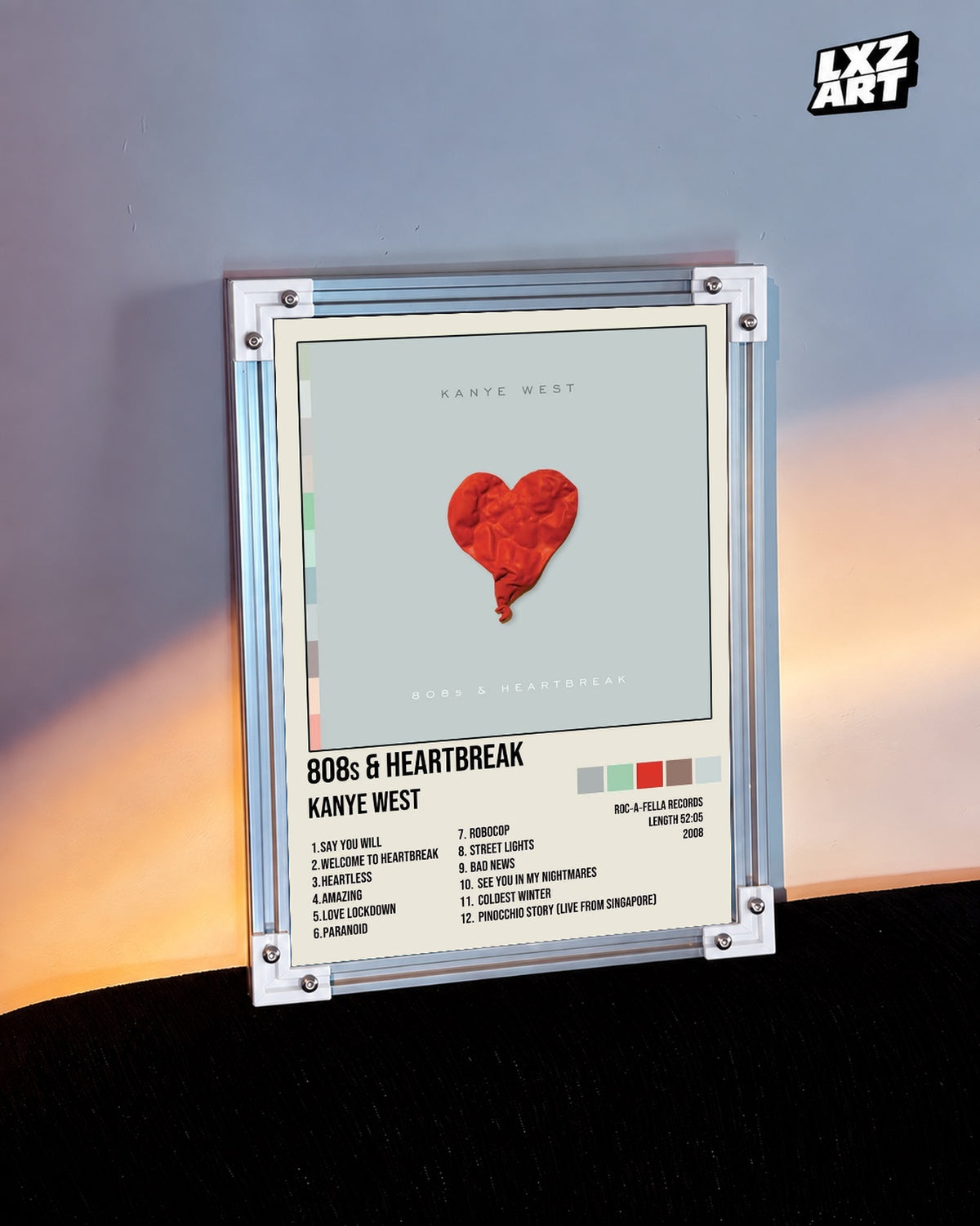 Kanye West 808s & Heartbreak Album Tracklist Poster — warm light wall; frame for display only