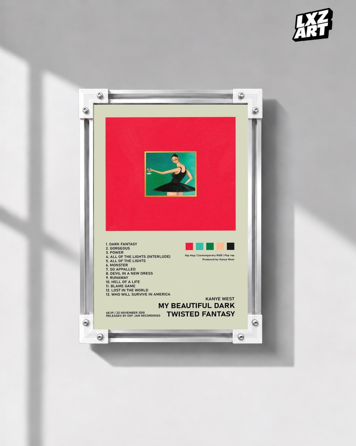 Kanye West My Beautiful Dark Twisted Fantasy Album Tracklist Poster — gray wall front view; frame for display only