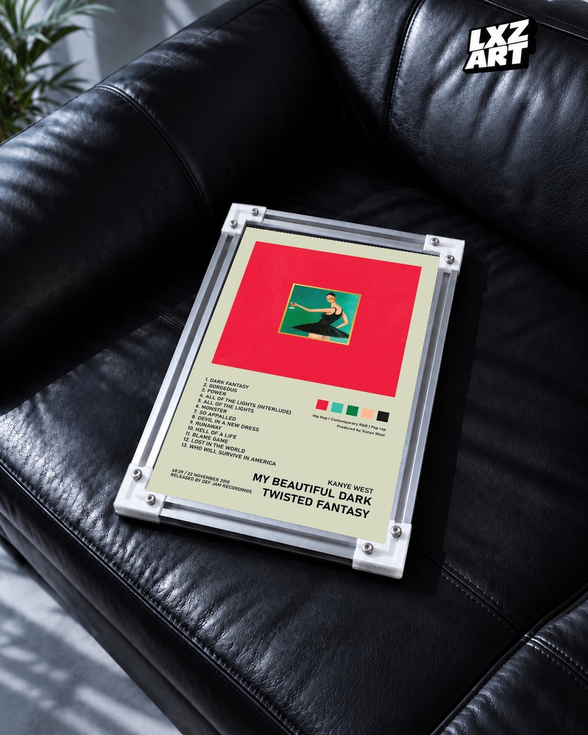 Kanye West My Beautiful Dark Twisted Fantasy Album Tracklist Poster — black leather sofa; frame for display only