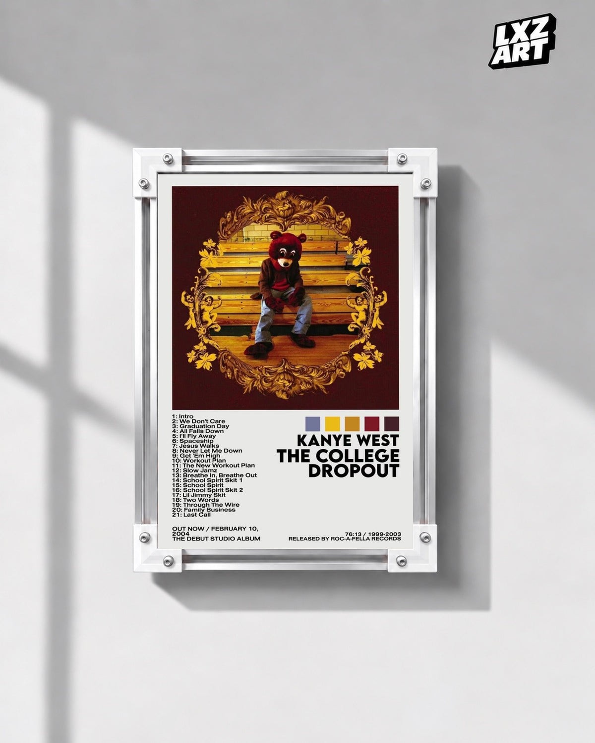 Kanye West The College Dropout Album Tracklist Poster — gray wall front view; frame for display only