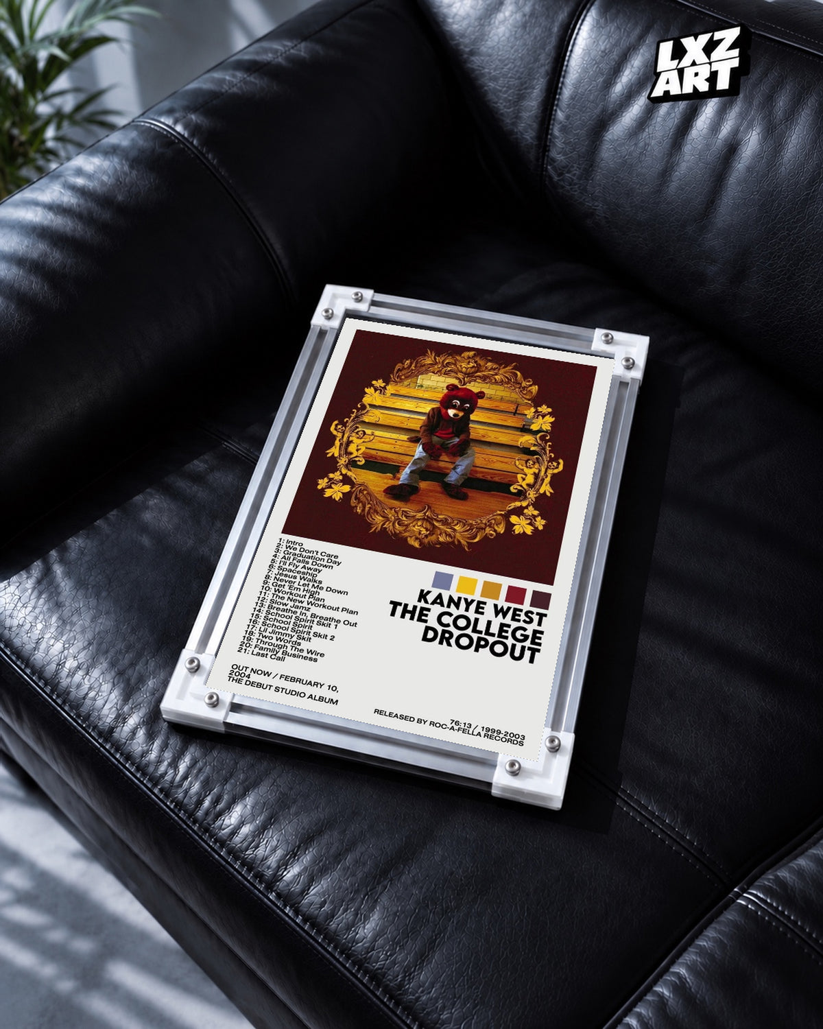 Kanye West The College Dropout Album Tracklist Poster — black leather sofa; frame for display only