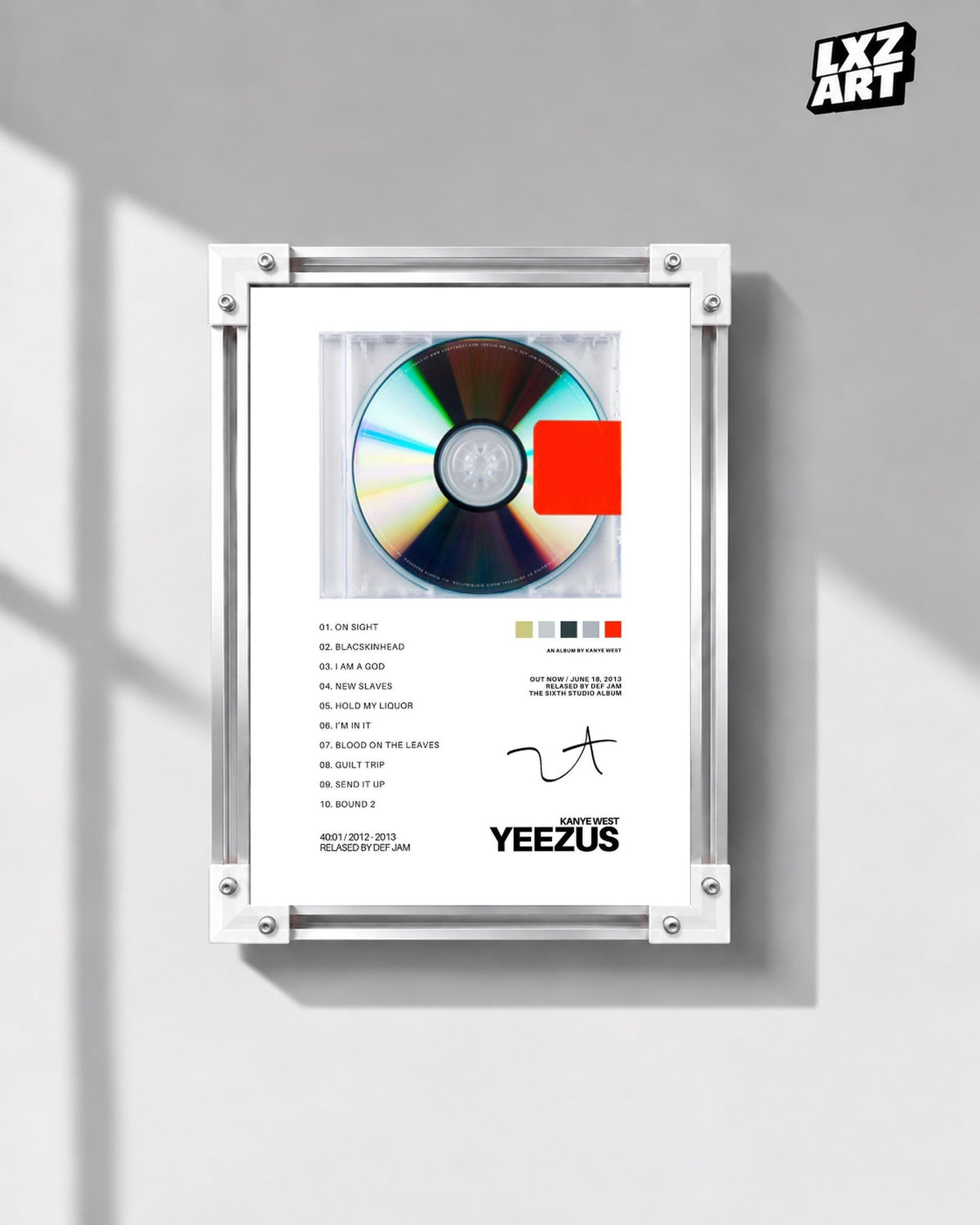 Kanye West Yeezus Album Tracklist Poster — gray wall front view; frame for display only