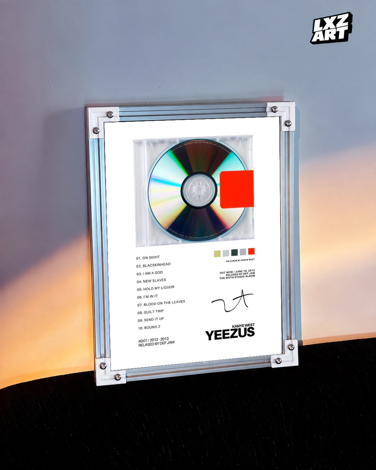 Kanye West Yeezus Album Tracklist Poster — warm light wall; frame for display only