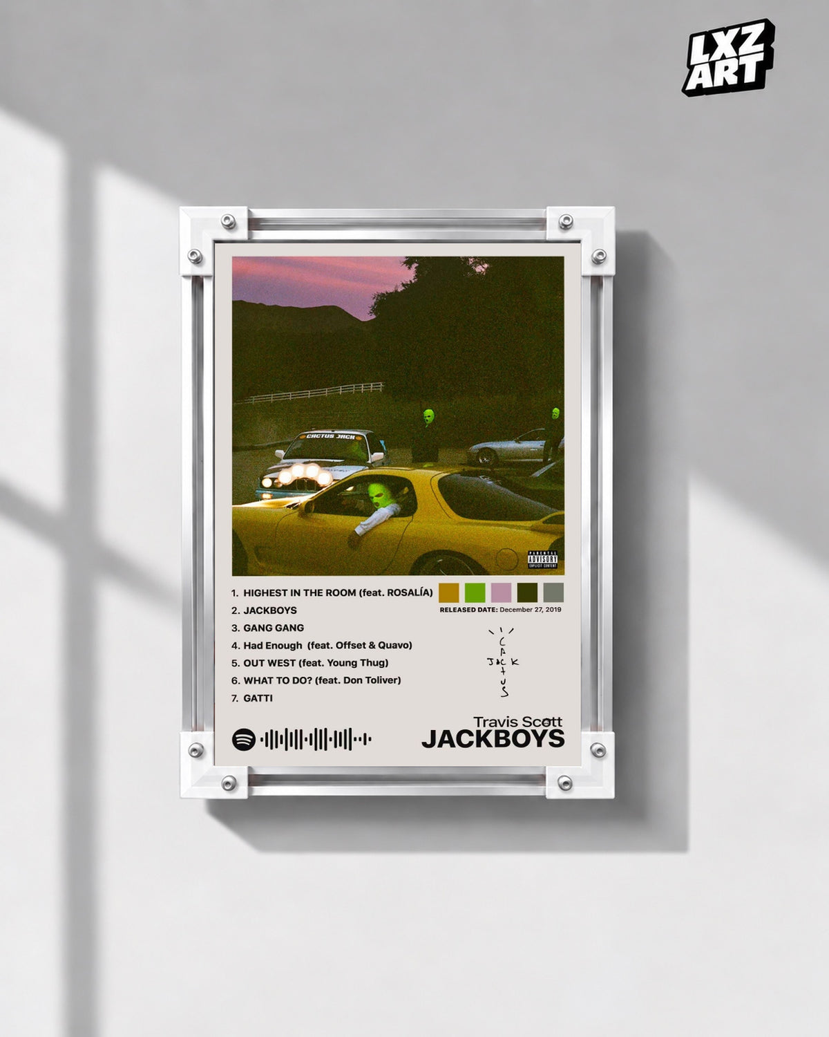 Travis Scott Jackboys Tracklist Poster — gray wall front view; frame for display only