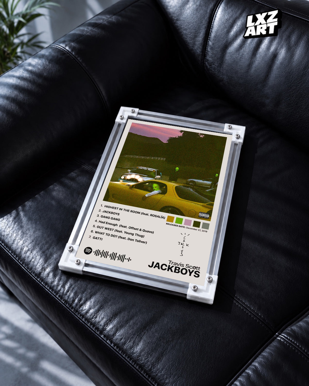 Travis Scott Jackboys Tracklist Poster — black leather sofa; frame for display only