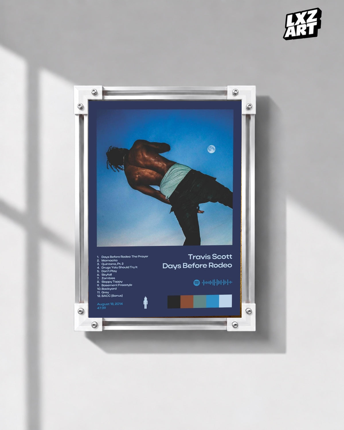 Travis Scott Days Before Rodeo Poster — gray wall front view; frame for display only