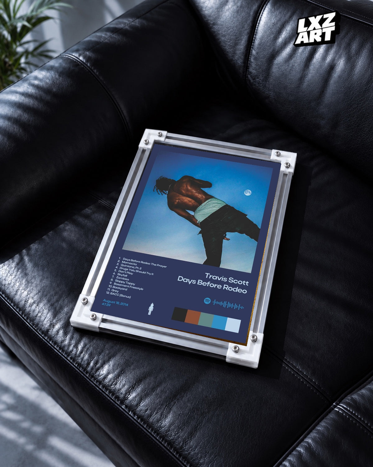 Travis Scott Days Before Rodeo Poster — black leather sofa; frame for display only