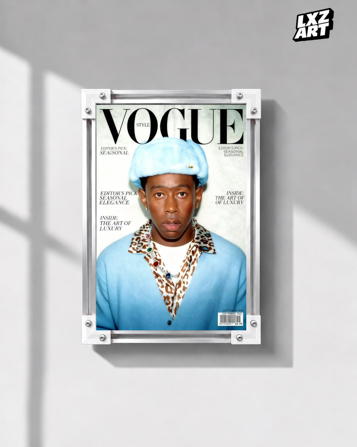 Tyler, The Creator Magazine Portrait Poster — gray wall front view; frame for display only