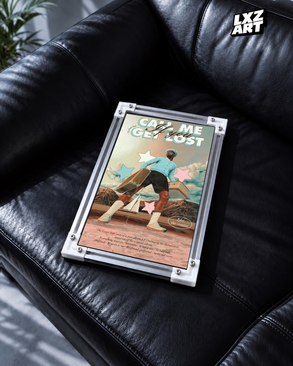 Tyler, The Creator Call Me If You Get Lost The Estate Sale Edition Poster — black leather sofa; frame for display only