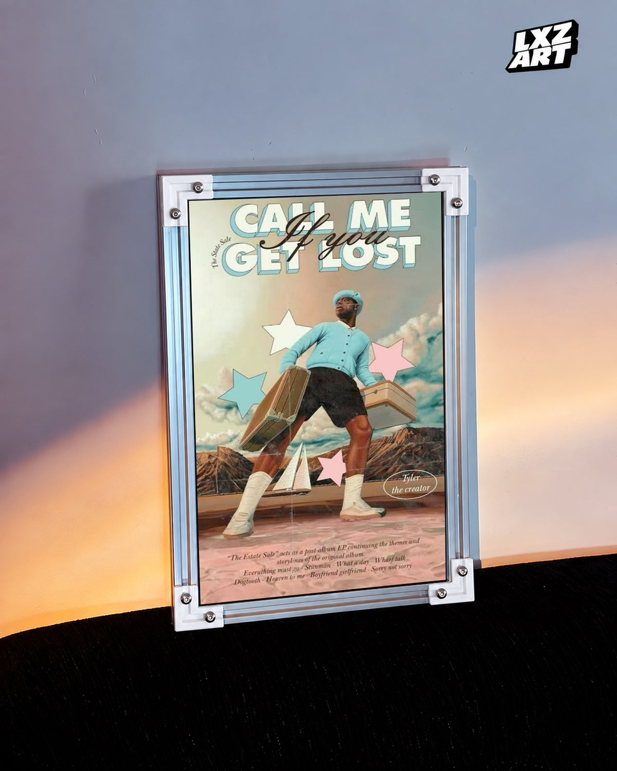 Tyler, The Creator Call Me If You Get Lost The Estate Sale Edition Poster — warm light wall; frame for display only