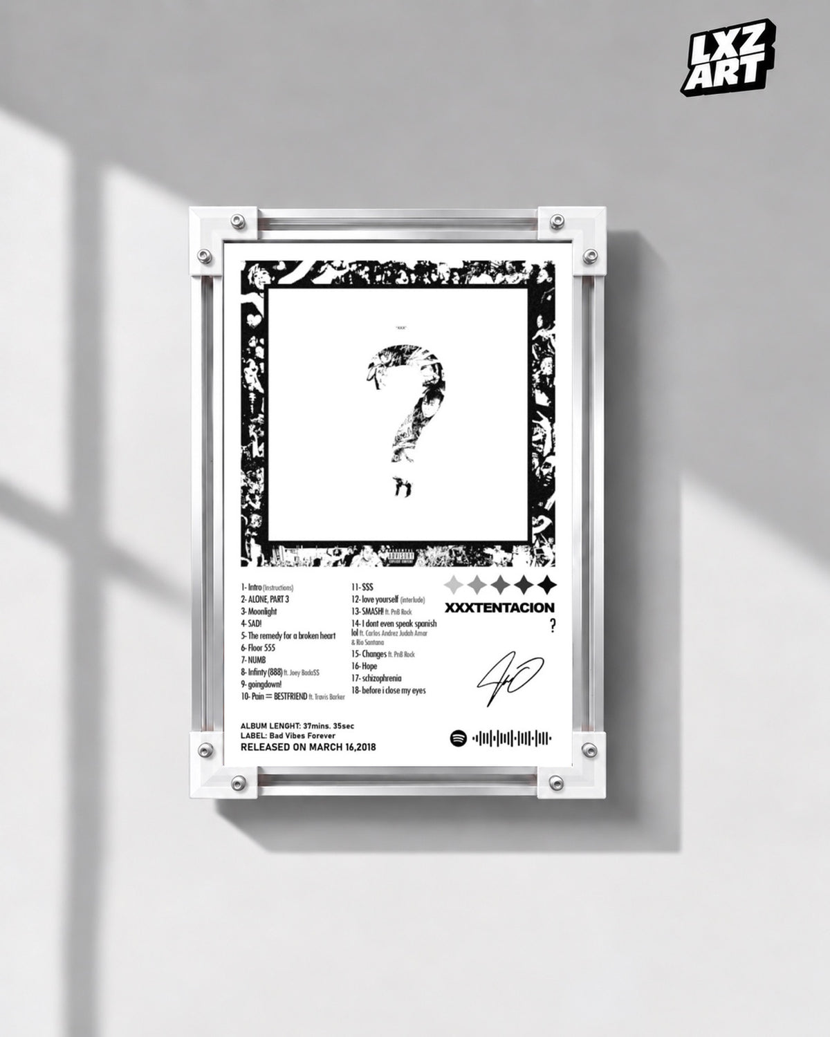 XXXTentacion Question Mark Album Tracklist Poster — gray wall front view; frame for display only