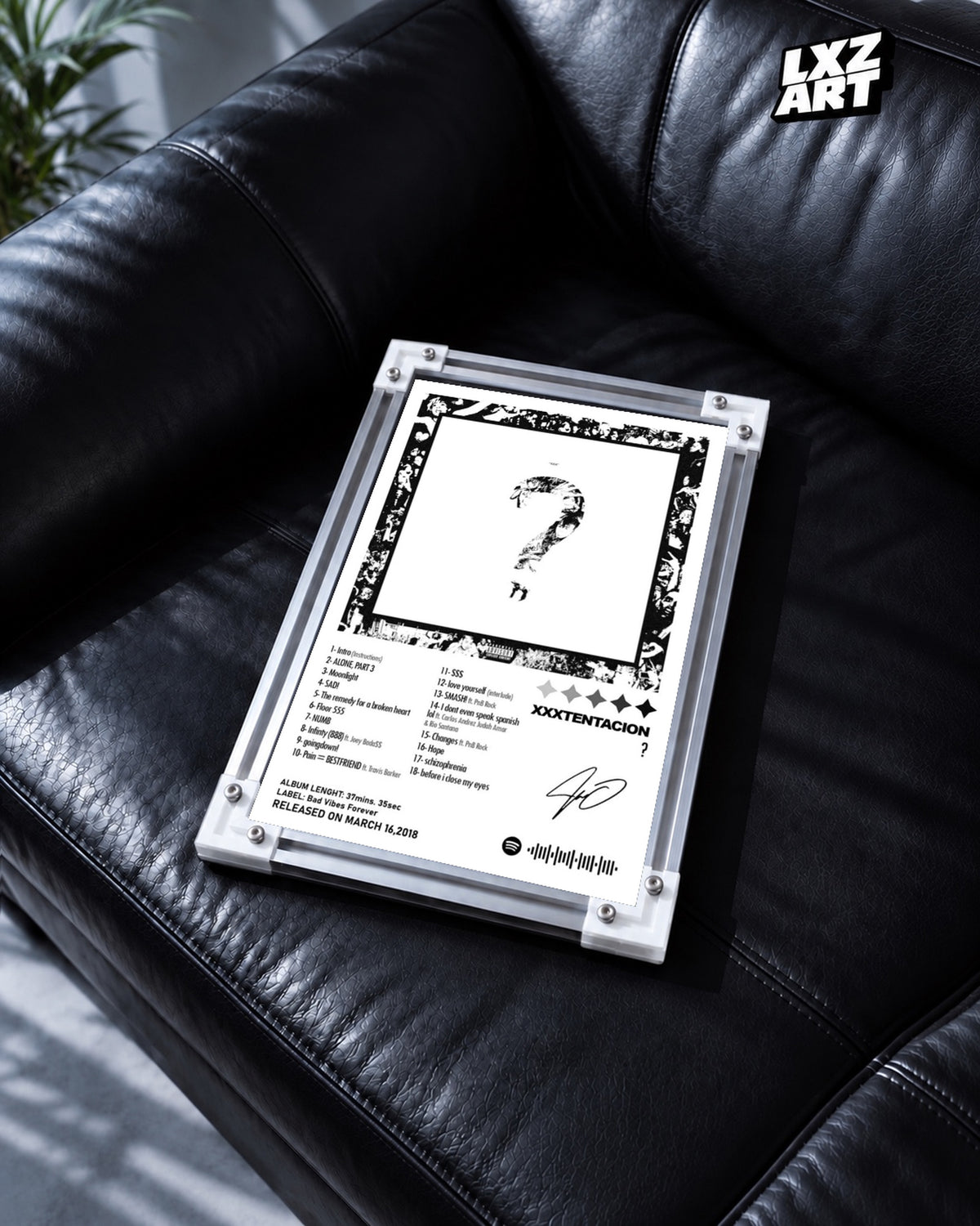 XXXTentacion Question Mark Album Tracklist Poster — black leather sofa; frame for display only
