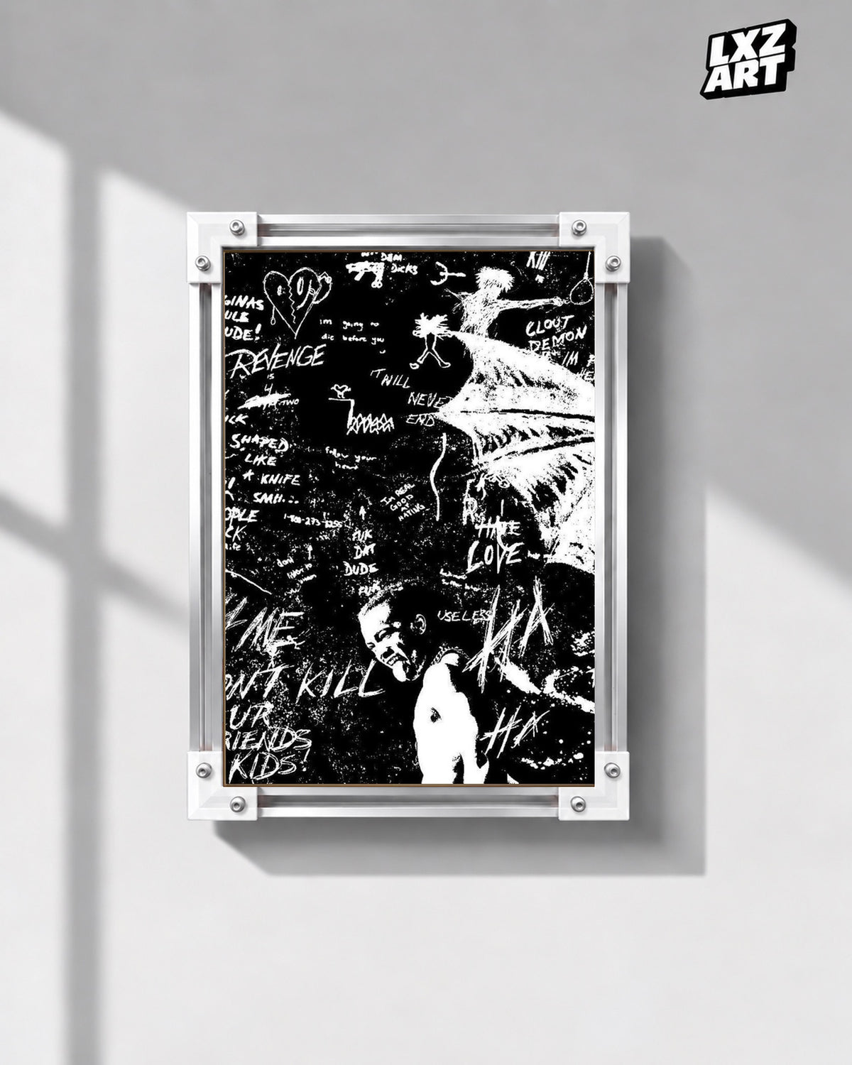 XXXTentacion Revenge Grunge Doodle Poster — gray wall front view; frame for display only