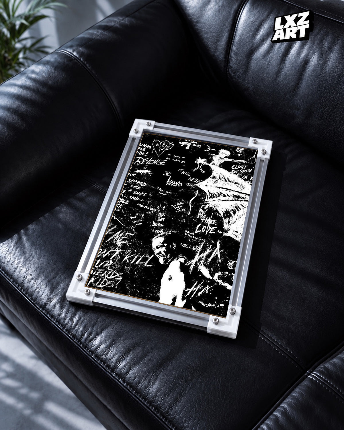 XXXTentacion Revenge Grunge Doodle Poster — black leather sofa; frame for display only