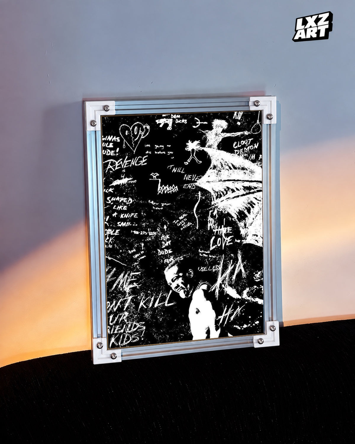 XXXTentacion Revenge Grunge Doodle Poster — warm light wall; frame for display only