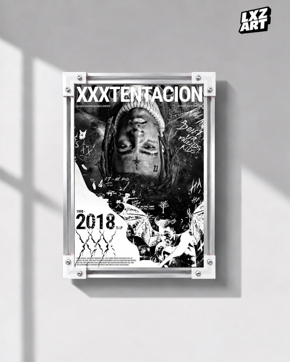 XXXTentacion 1998–2018 Memorial Collage Poster — gray wall front view; frame for display only