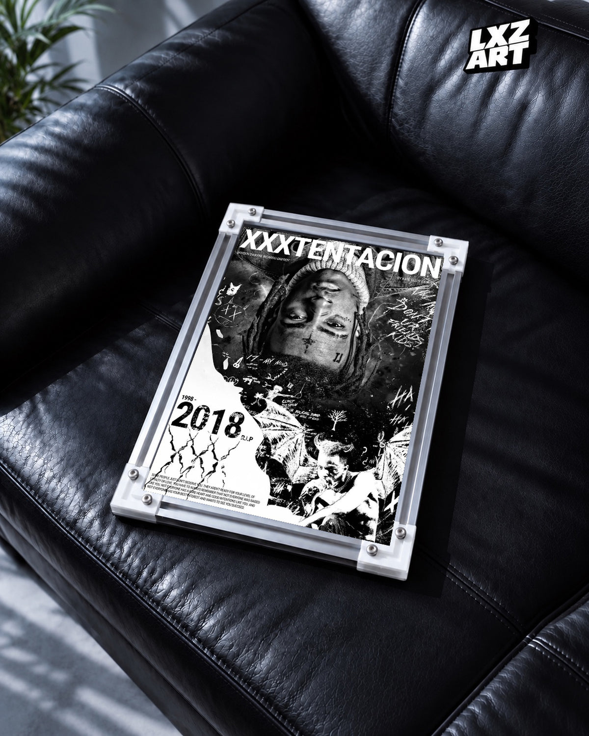 XXXTentacion 1998–2018 Memorial Collage Poster — black leather sofa; frame for display only