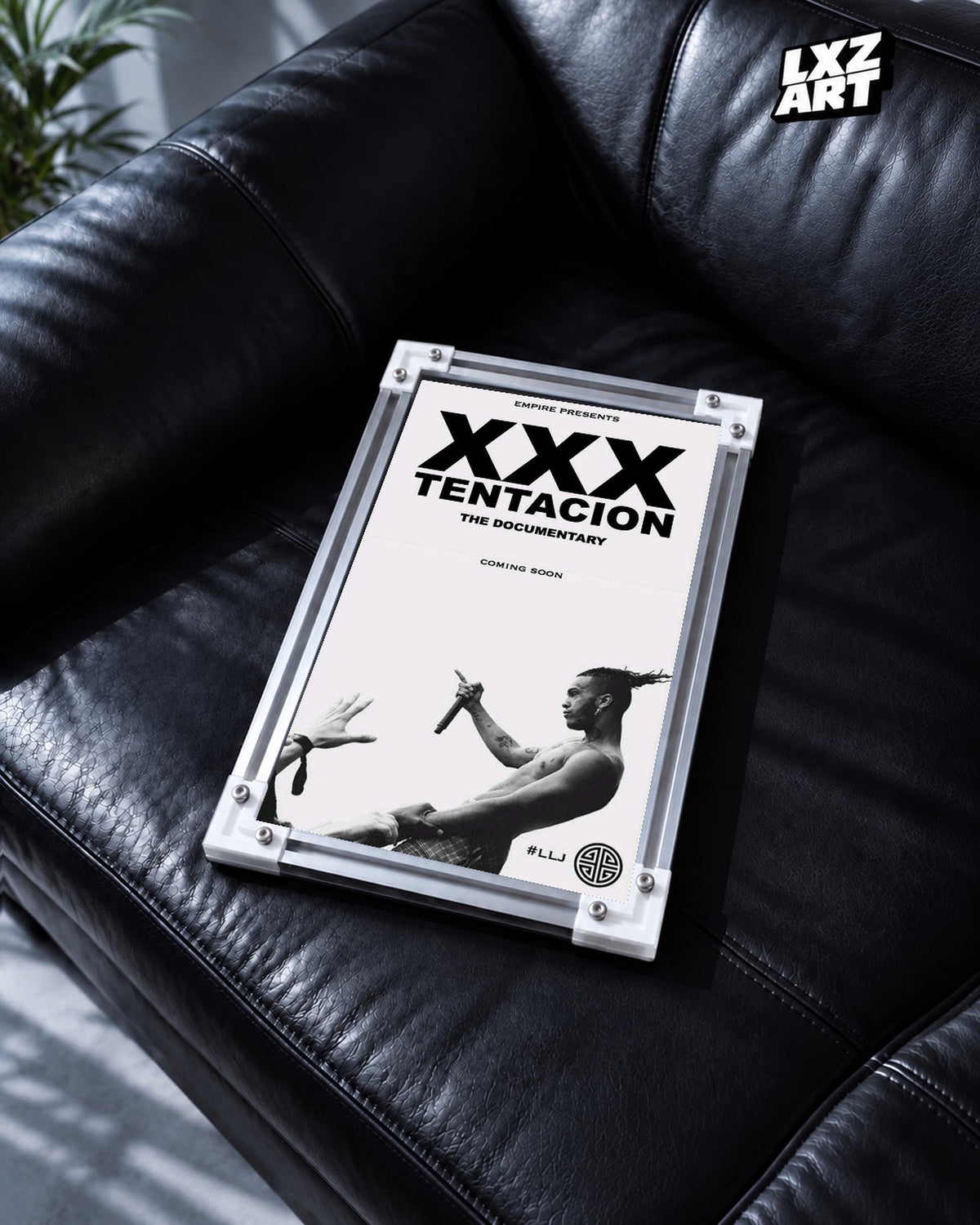 XXXTentacion Documentary Tribute Poster — black leather sofa; frame for display only
