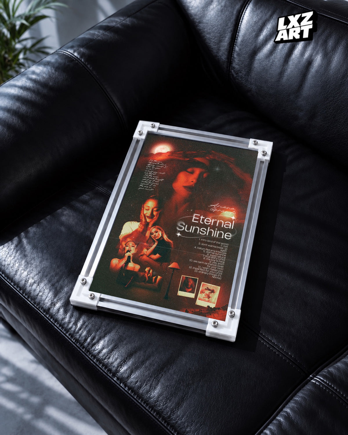 Ariana Grande Eternal Sunshine Album Poster — black leather sofa; frame for display only
