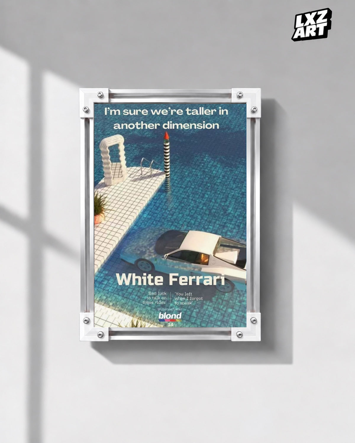 Frank Ocean White Ferrari Lyric Poster — gray wall front view; frame for display only