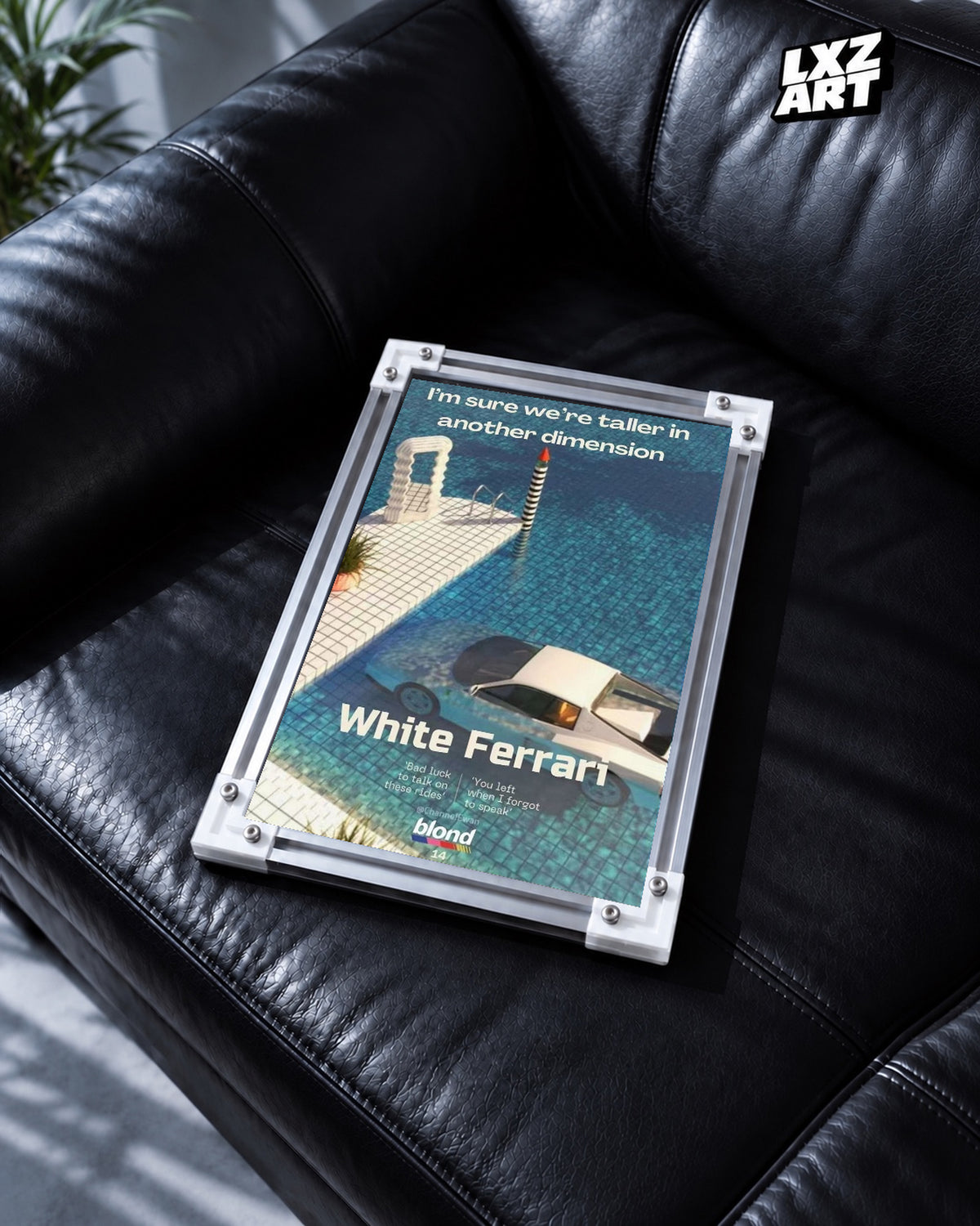 Frank Ocean White Ferrari Lyric Poster — black leather sofa; frame for display only