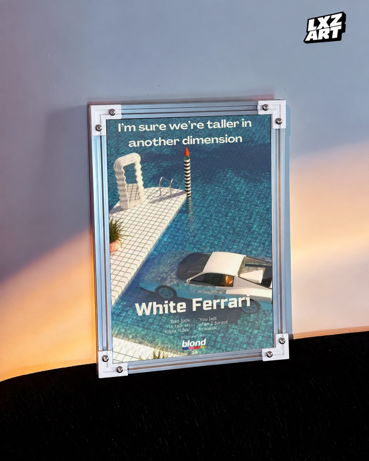 Frank Ocean White Ferrari Lyric Poster — warm light wall; frame for display only