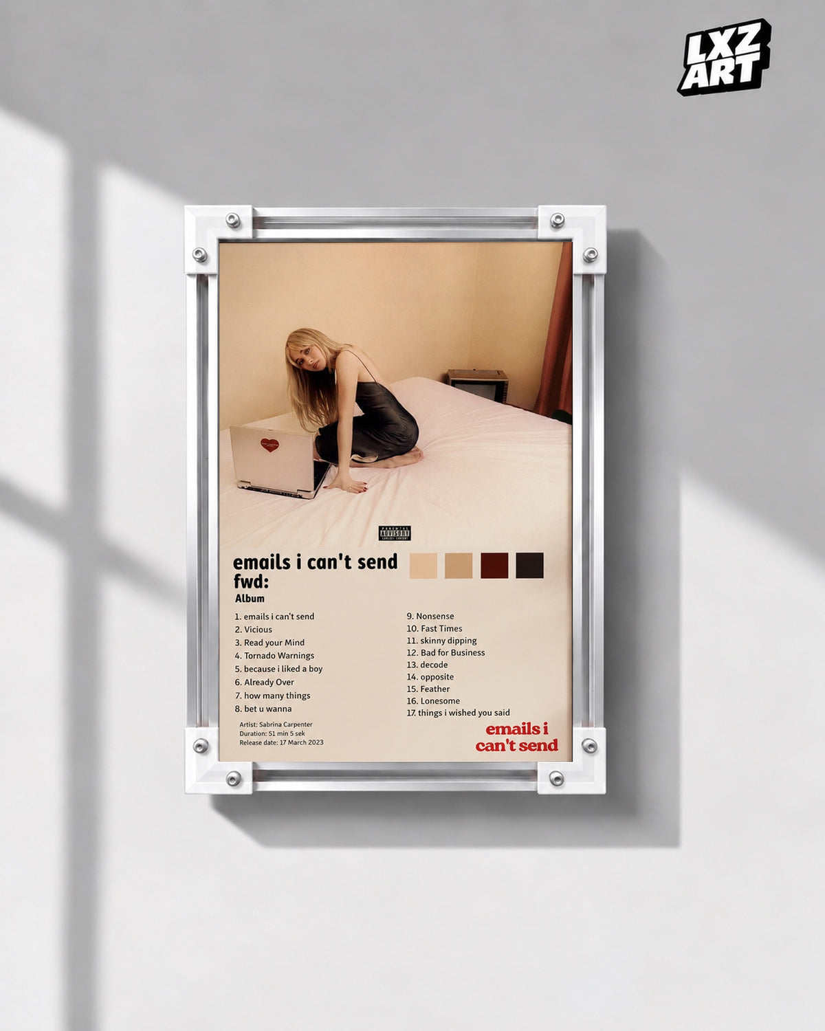 Sabrina Carpenter Emails I Can't Send Fwd: Tracklist Poster — gray wall front view; frame for display only