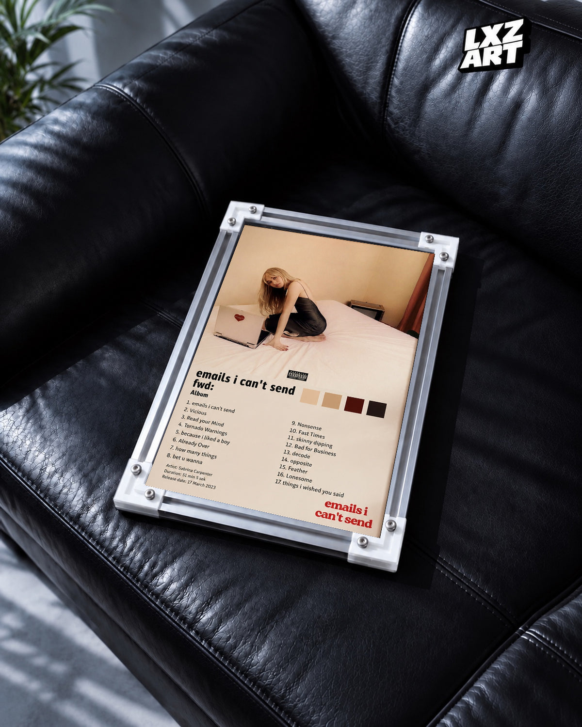 Sabrina Carpenter Emails I Can't Send Fwd: Tracklist Poster — black leather sofa; frame for display only