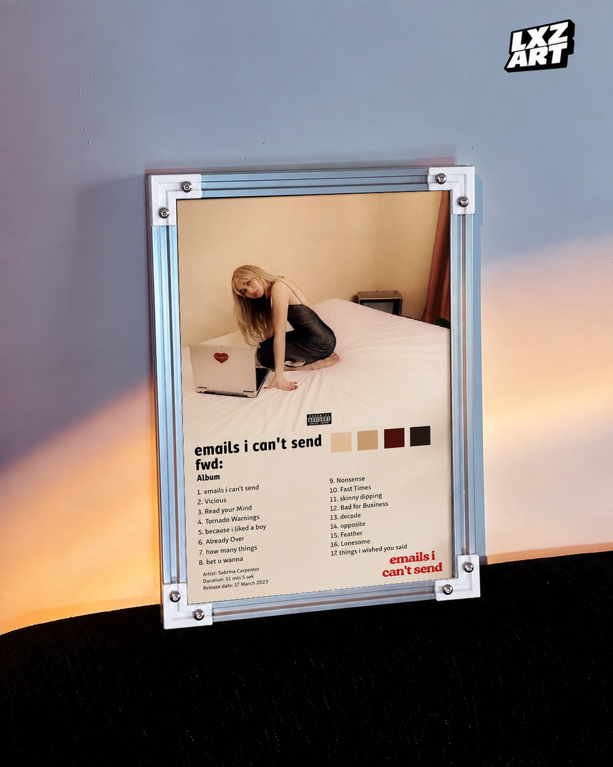 Sabrina Carpenter Emails I Can't Send Fwd: Tracklist Poster — warm light wall; frame for display only
