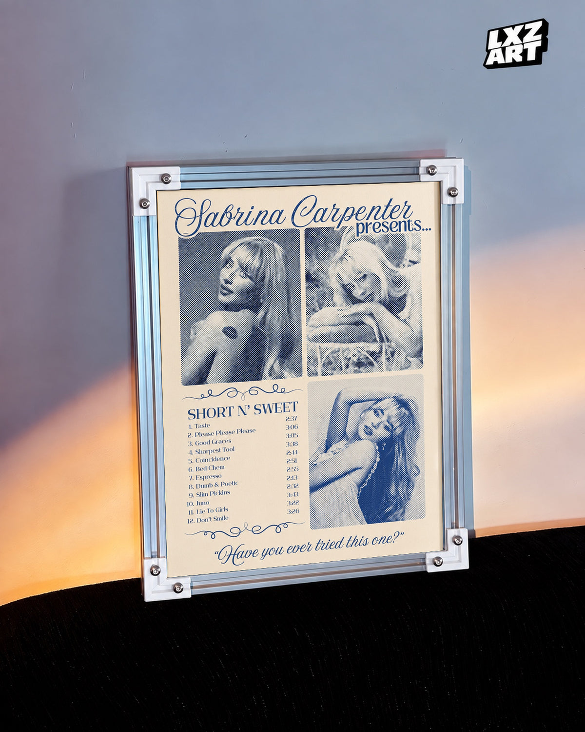 Sabrina Carpenter Short n' Sweet Tracklist Poster — warm light wall; frame for display only