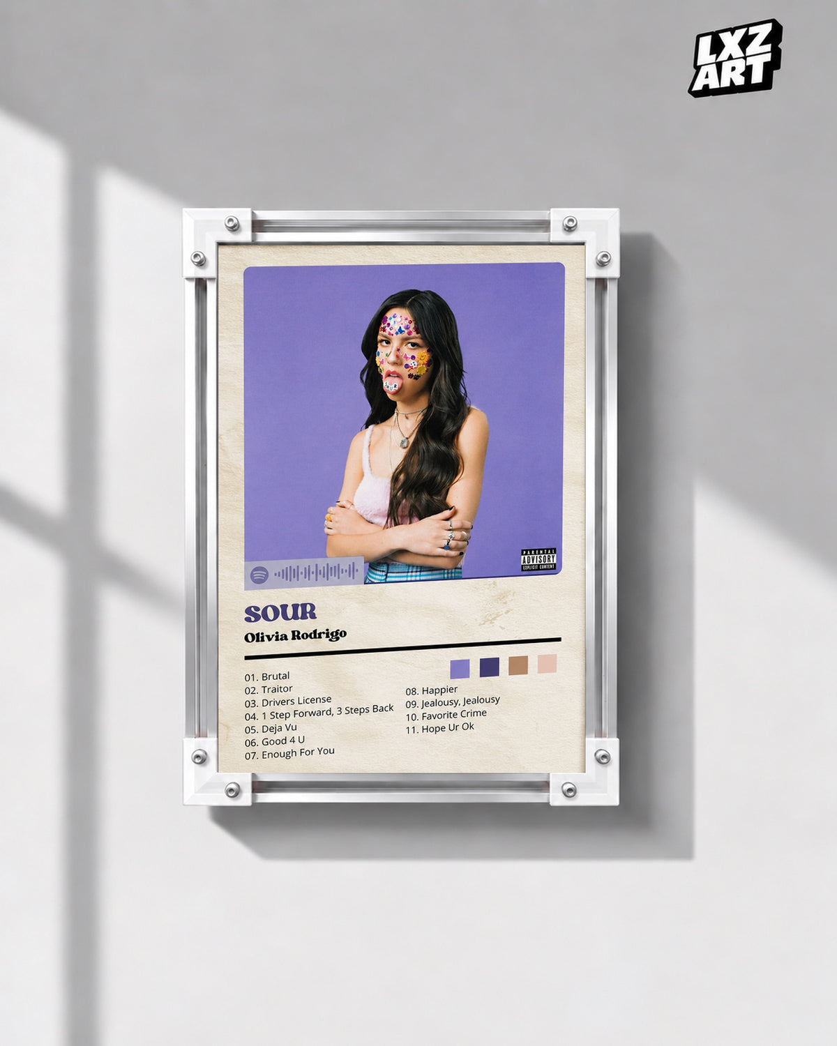 Olivia Rodrigo SOUR Purple Tracklist Poster — gray wall front view; frame for display only
