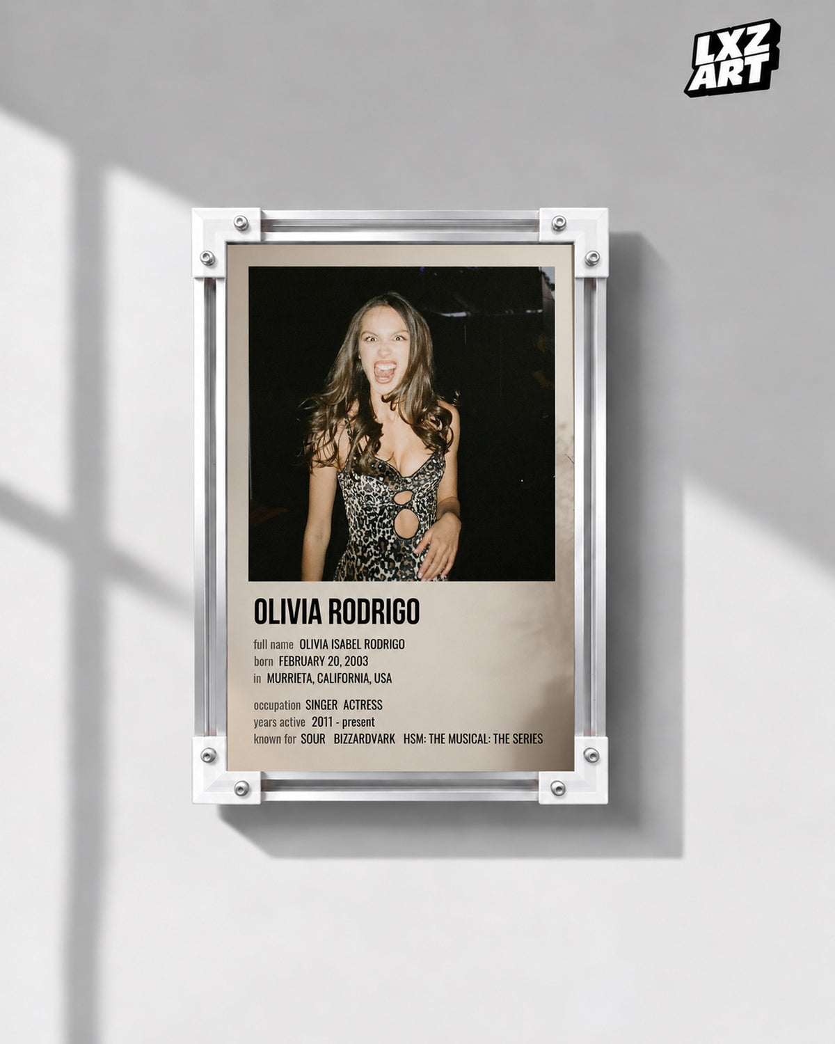 Olivia Rodrigo Biography Portrait Poster — gray wall front view; frame for display only