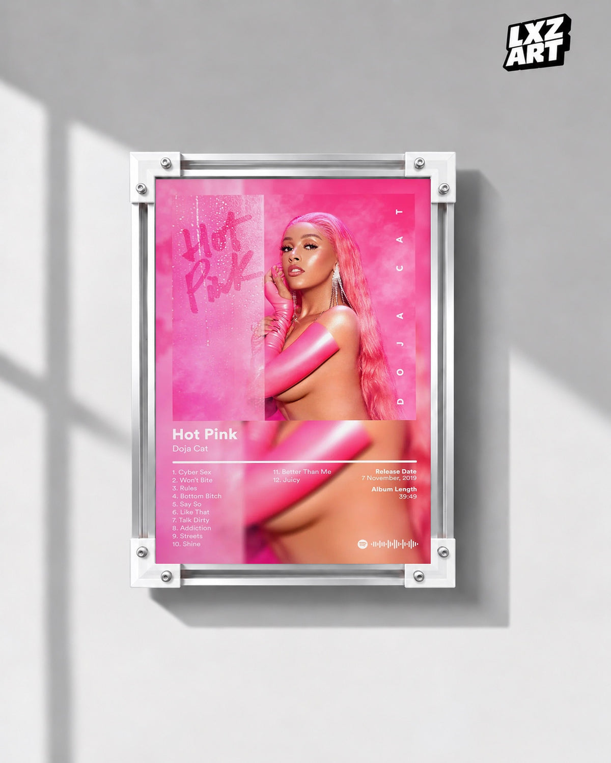 Doja Cat Hot Pink Tracklist Poster — gray wall front view; frame for display only