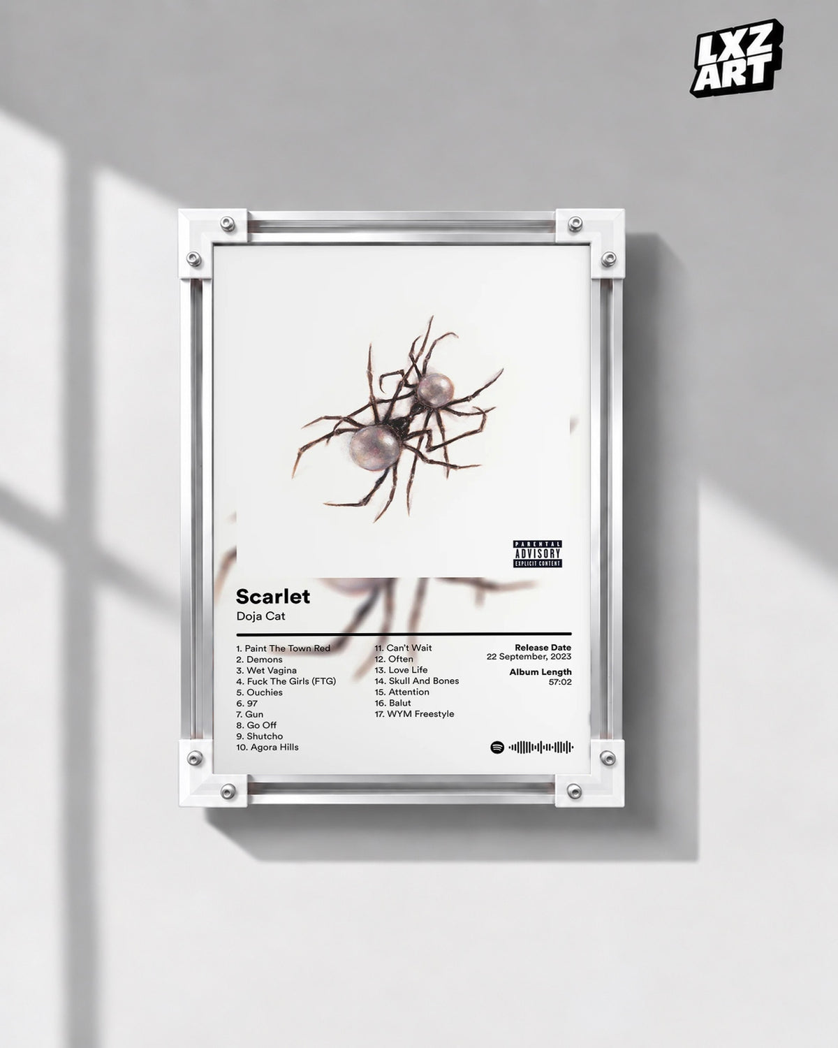 Doja Cat Scarlet Tracklist Poster — gray wall front view; frame for display only